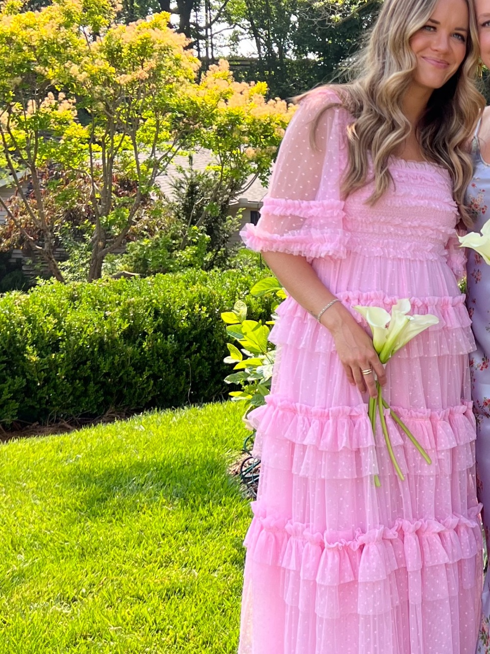 Needle & Thread Pink Tiered Ruffle Mesh Maxi Dress